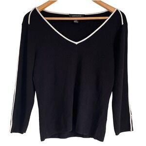 CABLE & GUAGE Black Knit Top with White Neckline Sleeves Trim 3/4 SLEEVES SZ XL